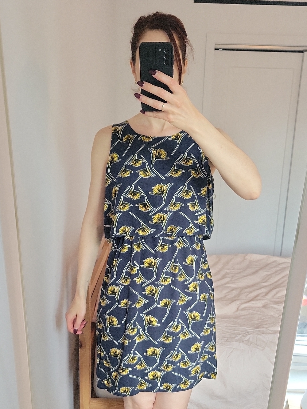 Navy Mini Dress with Mustard Floral Print - Sleeveless